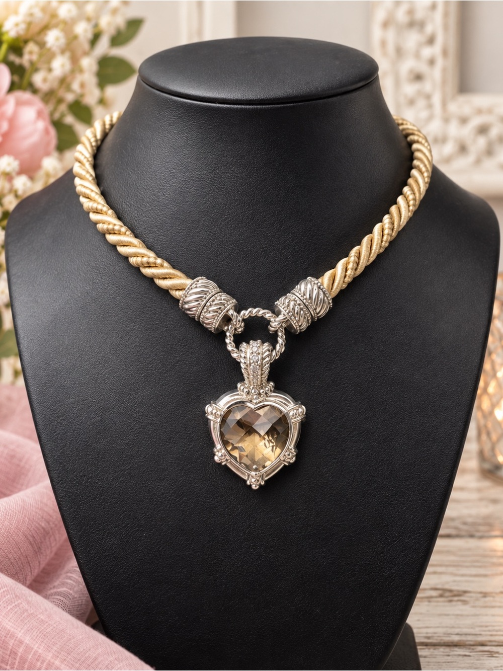 Judith Ripka Smokey Quartz Heart Enhancer Silk Cord Necklace